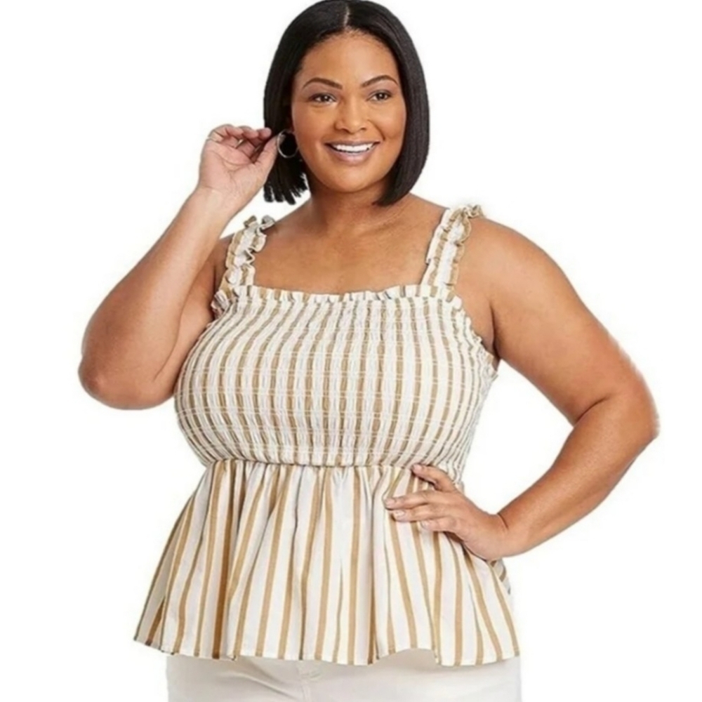 Ava & Viv Smocked Peplum Striped Tank Gold & White Size 3X